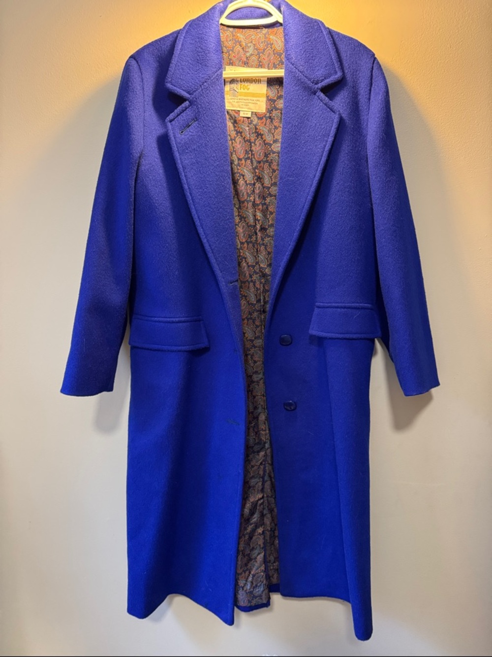 Vintage London Fog Blue Wool Coat Paisley Lining, 70-80’s size 10
